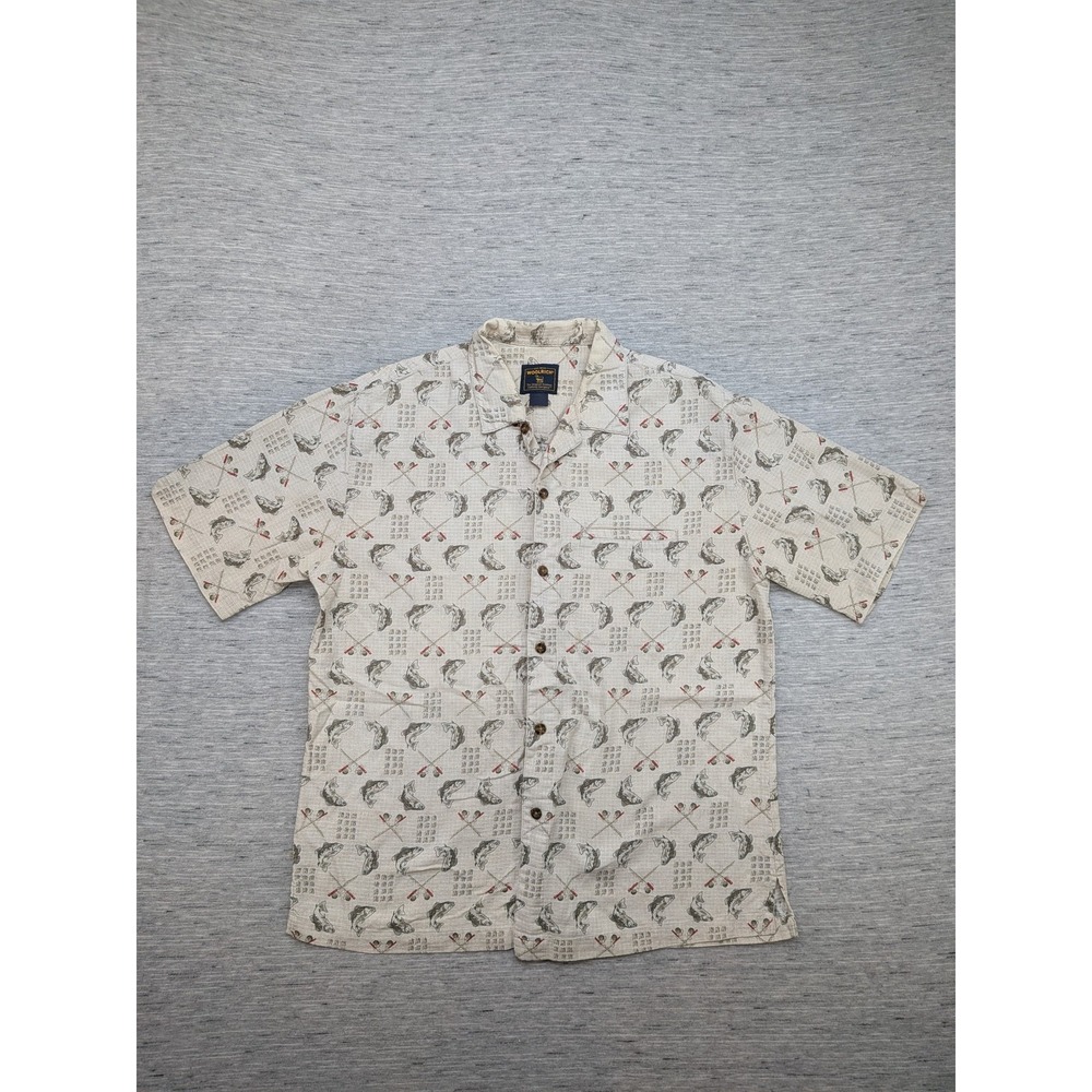 Woolrich Shirt Mens Medium‎ Beige Fishing Print Short Sleeve Button Up Outdoors